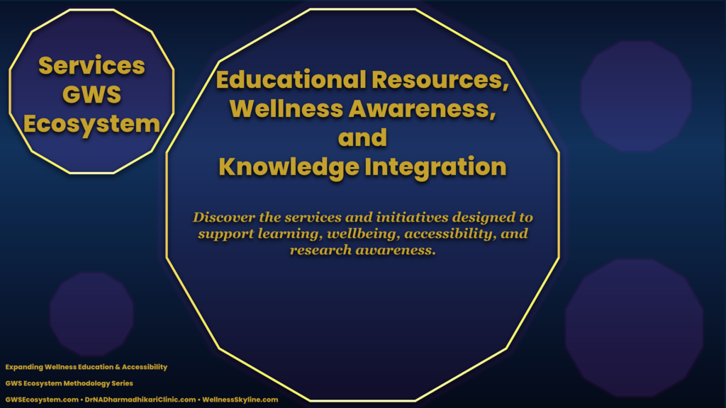 Services page hero banner highlighting wellness education, accessibility, research awareness, and knowledge-sharing initiatives.