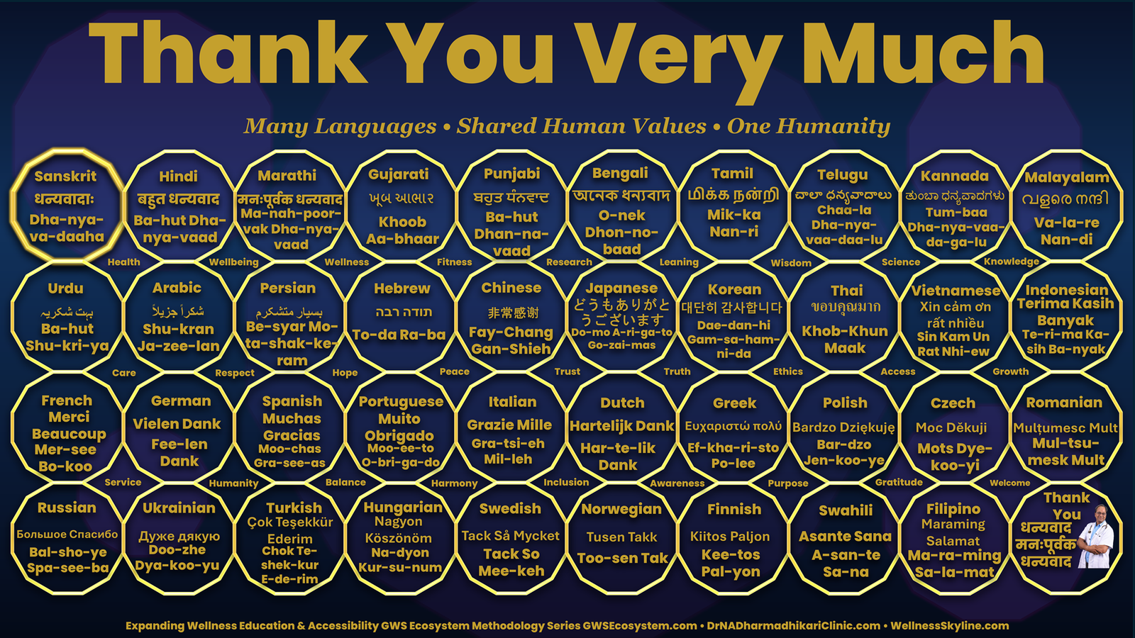 Global Gratitude Framework featuring thank you messages in 40 languages and 27 shared human values within a dodecagon mesh.