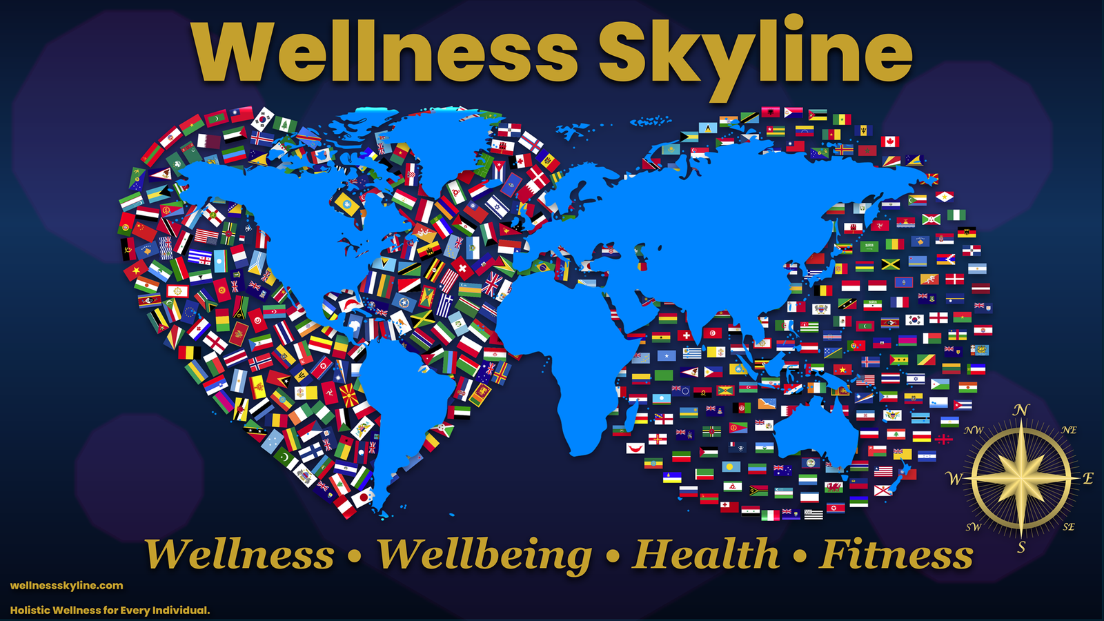 Official homepage welcome image of Wellness Skyline featuring a heart-shaped globe representing global wellness, compassion, holistic wellbeing, and lifelong learning.